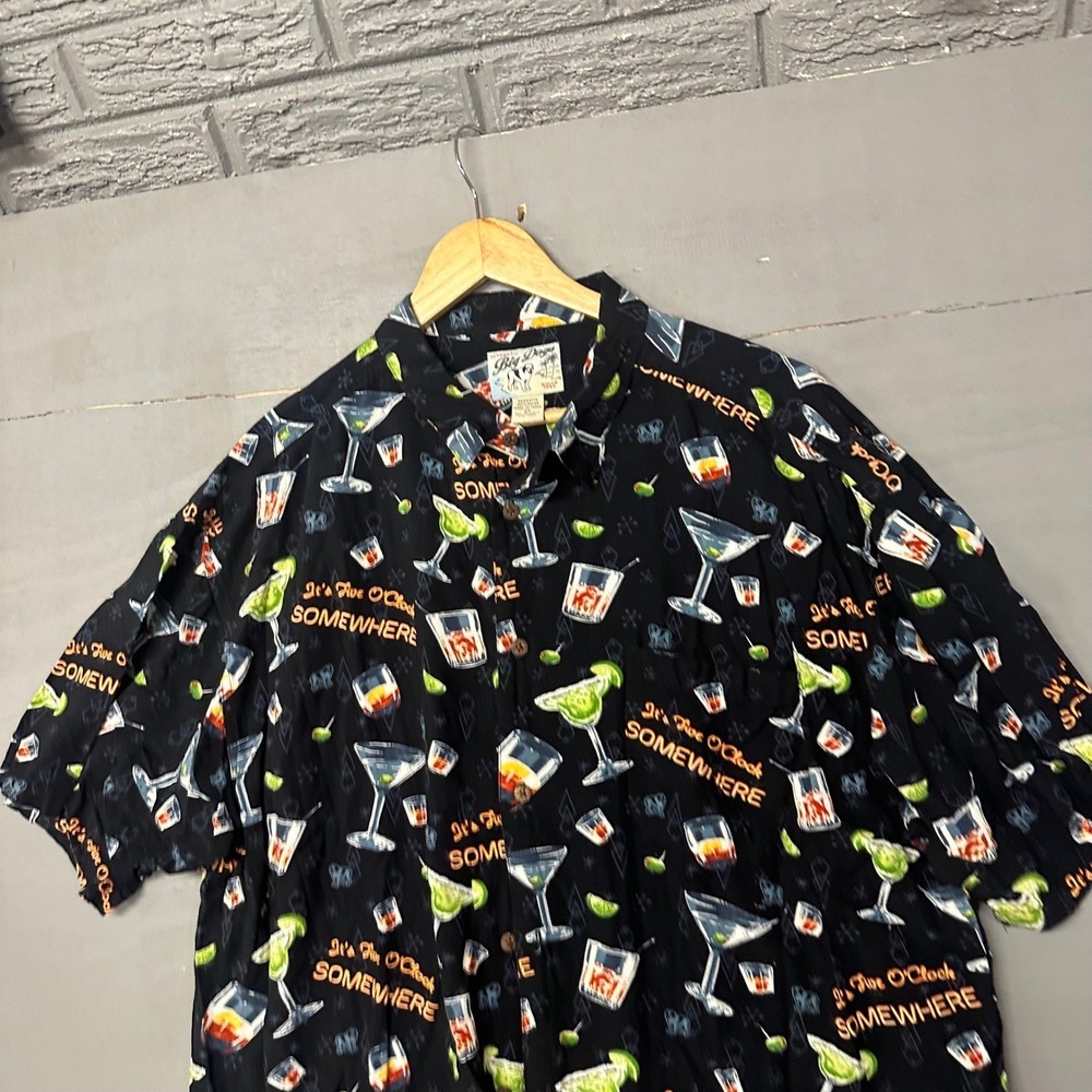 Big Dogs Hawaiian Shirt Mens 2X Black‎ Cocktail Party Print Short Sleeve Button